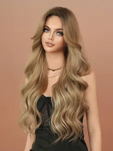 30 Inch Extra Long Wavy Sandy Brown Wigs for Women, Part Middle Fluffy Curly Wigs with Blonde Highlight Hair ,Synthetic Full Machine Wigs for Daily & School Wear, Party Photography Wigs Accessories, Body Wave Wigs, Synthetic Bodywave Wig
