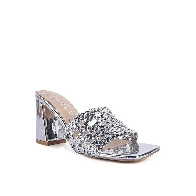 Women's Braided Block Heel Sandals, Casual Patent Slip-On Sliders with a Square Open Toe, 3.1-Inch Heeled Shoe, Fashion