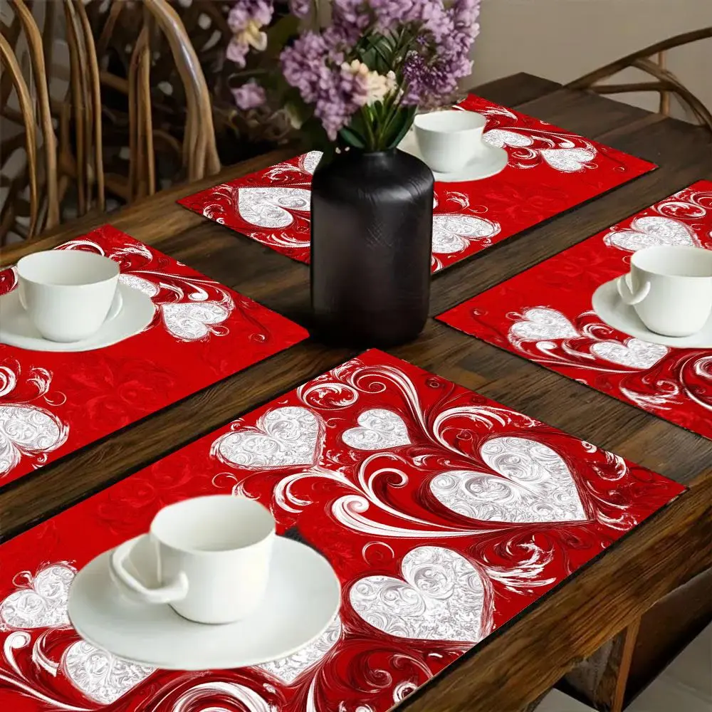 4pcs Lightweight Elegant Swirl Heart Placemats, Red & White Rectangular Tableware for Home Holiday Dining - Hand Wash Only, Indoor Outdoor Decor for Halloween, Thanksgiving