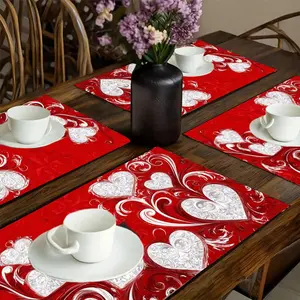 4pcs Elegant Swirl Heart Placemats Suitable for Holiday Dining Decor - Red & White Table Mats, Hand Wash Only Rectangular for Halloween, Thanksgiving & Christmas Table Settings, Indoor Outdoor Decorations