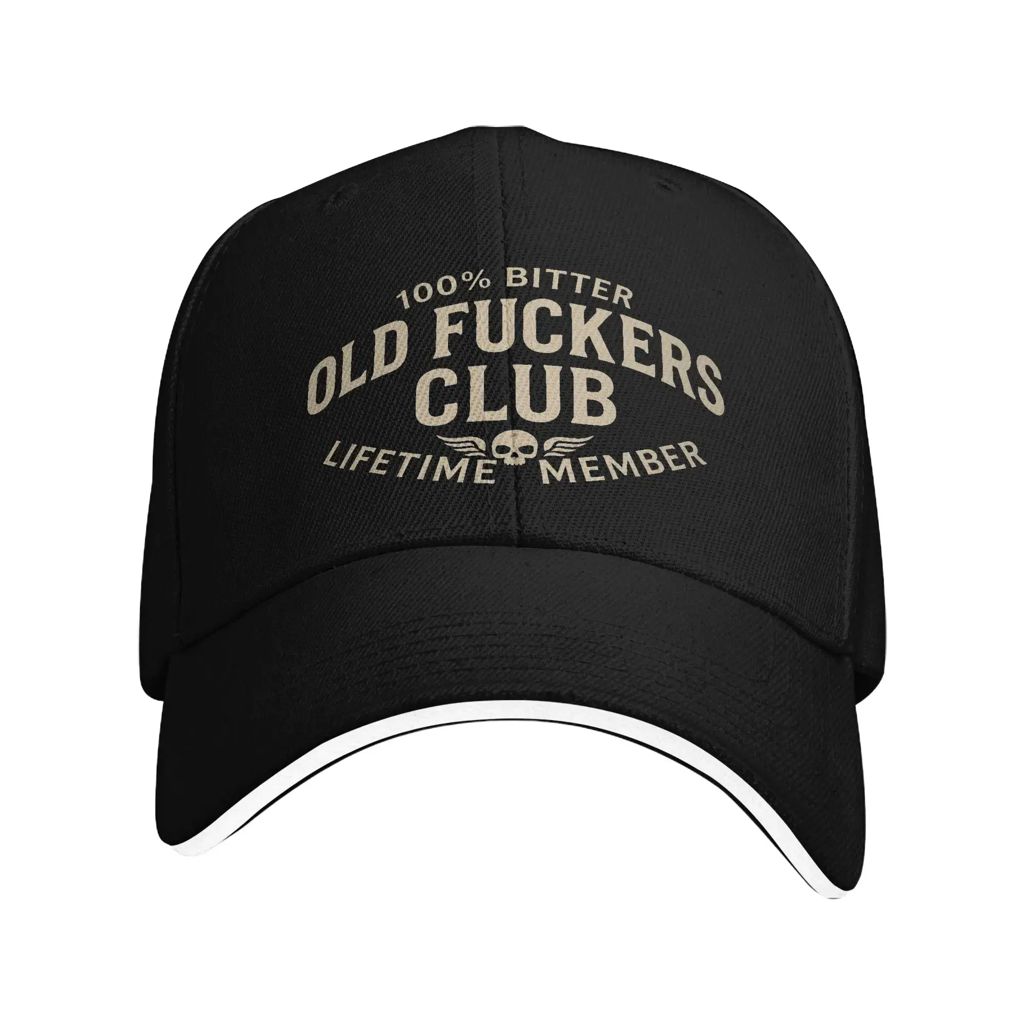 Black 100% Bitter "Old Fuckers Club" Mens Baseball Cap - Graphic Trucker Hat with Winged Skull, Adjustable Velcro, Sandwich Brim. duckbill