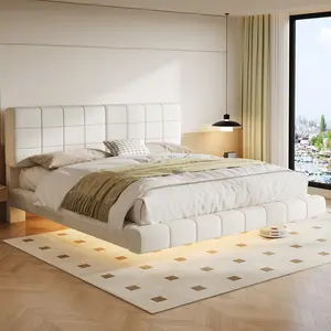 Queen Size Floating Bed with LED Light, Boucle Upholstered Platform Bed Frame with Anti-Collision Corners, Heavy Duty 800LBS Capacity, Modern Tech-Inspired Bedroom Centerpiece White