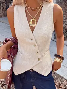 Elegant Women's V-Neck Sleeveless Tartan Vest, Solid Color Fitted Front Button Vest, Casual Professional Spring & Fall Outerwear