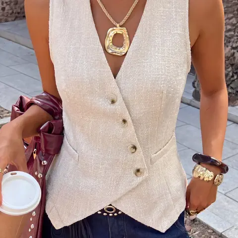 Elegant Women's V-Neck Sleeveless Vest, Minimalist Fitted Vest, Solid Color Fitted Front-Button Design, Casual Fashion Outerwear for Spring & Fall