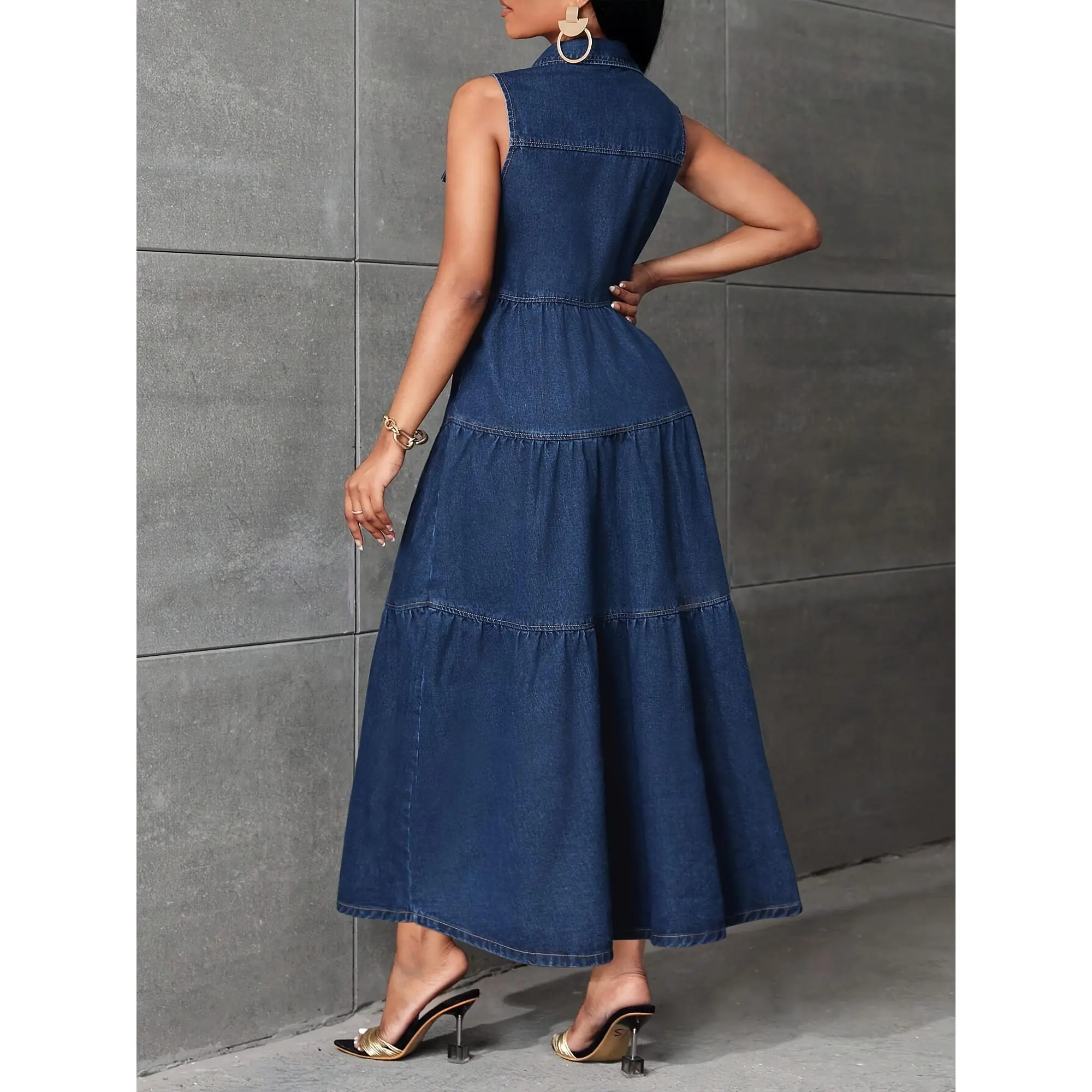 Stylish Ruffled Hem Maxi Denim Dress - Women's Denim Dresses - Sleeveless,  Button-Up, Washed Blue, Ruffled Hem, Comfortable, Fashionable, and Chic -  Perfect for Casual Occasions - TikTok Shop