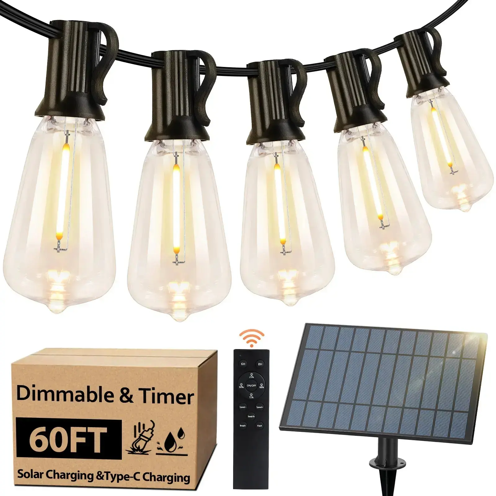 Waterproof Solar Outdoor String Lights, Energy Saving String Lights with Shatterproof ST38 LED Bulbs Great for Mood Setting, Easy Assemble Patio Hanging Lights for Backyard Garden Party, 60/100/150/200Ft Available