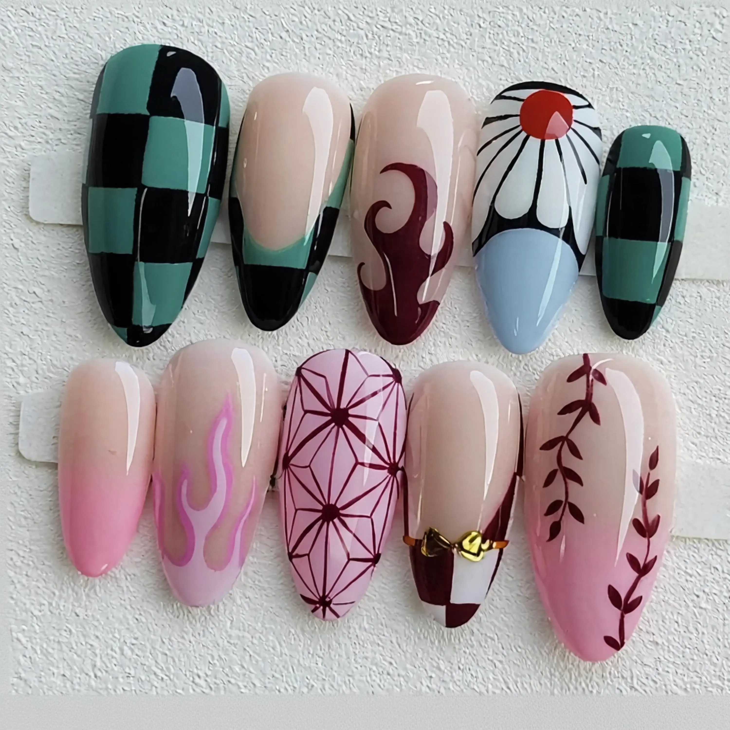 Demon Slayer Press On Nails, Anime-Inspired Japanese Pattern Press On Nails, Handmade Pink and Green Nail Art Set, Cosplay Fantasy Nails