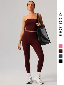 Women's Solid Crop Tube Top & High Waist Leggings Sports Set, Athleisure Wear Set, Stretch Fabric Activewear, Casual Sporty Breathable Outfits for Yoga Gym Workout Running, Ladies Sportswear for All Seasons