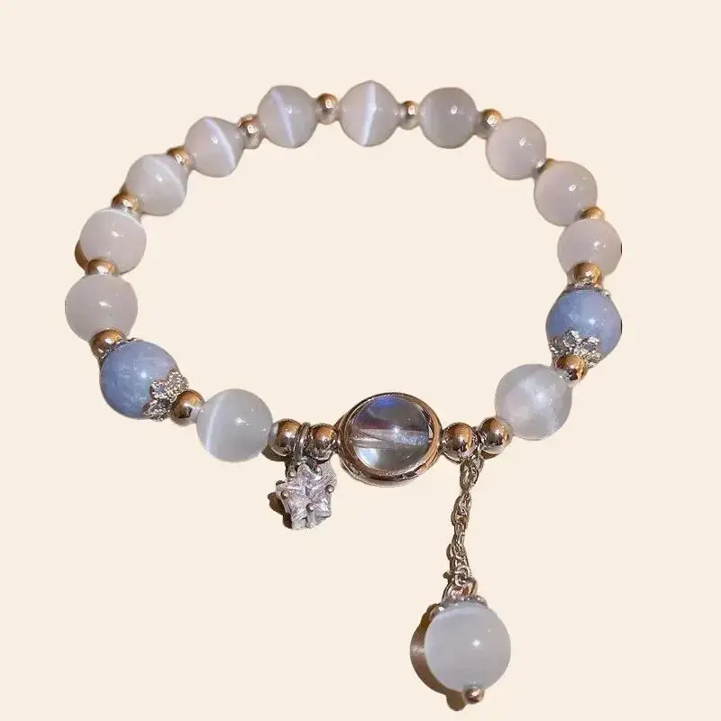 Women's Elegant Blue-Purple Non-Natural Opal Stone Bracelet - Dainty Fashionable Exquisite Non-Natural Crystal Bracelet with Moon Star Pendant, Ideal for Birthday, Wedding Female Jewelry