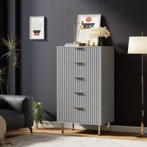 Gaomon Fluted Panel 5-Drawer Wood Dresser - 48" Tall Modern Storage Cabinet Chest with Deep Drawers, Wide Top, Metal Legs for Bedroom, Living Room