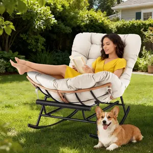 2PCS Papasan Rocking Chair Set with Foot Rest - Oversized Lounge Chairs with Thick Removable Cushion & Metal Frame for Patio,Porch,Garden,Living Room