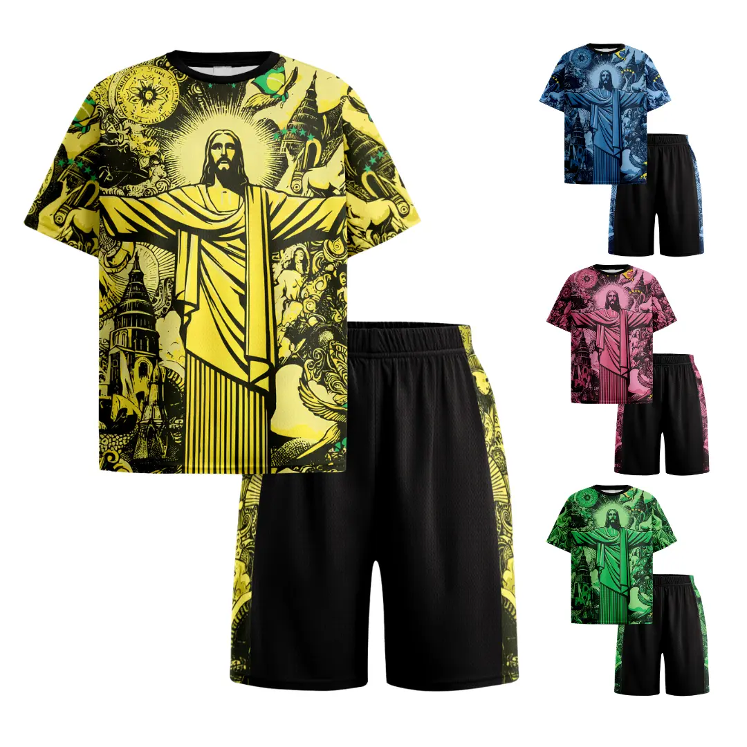Kid's Breathable Sports Set, Boys & Girls Football Fan Shirt, Sporty Jersey, Soccer Training Clothes, Rio Jesus Graphic Sporty T-Shirt and Shorts sleeve Outfit, 2-Piece Activewear for Age 3-14 Years summer clothing