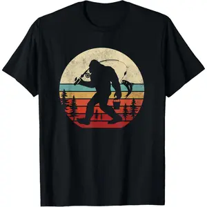 Cotton Short Sleeve Bigfoot Fishing Funny Retro Sasquatch Dad Men Kids T-Shirt For Men Women
