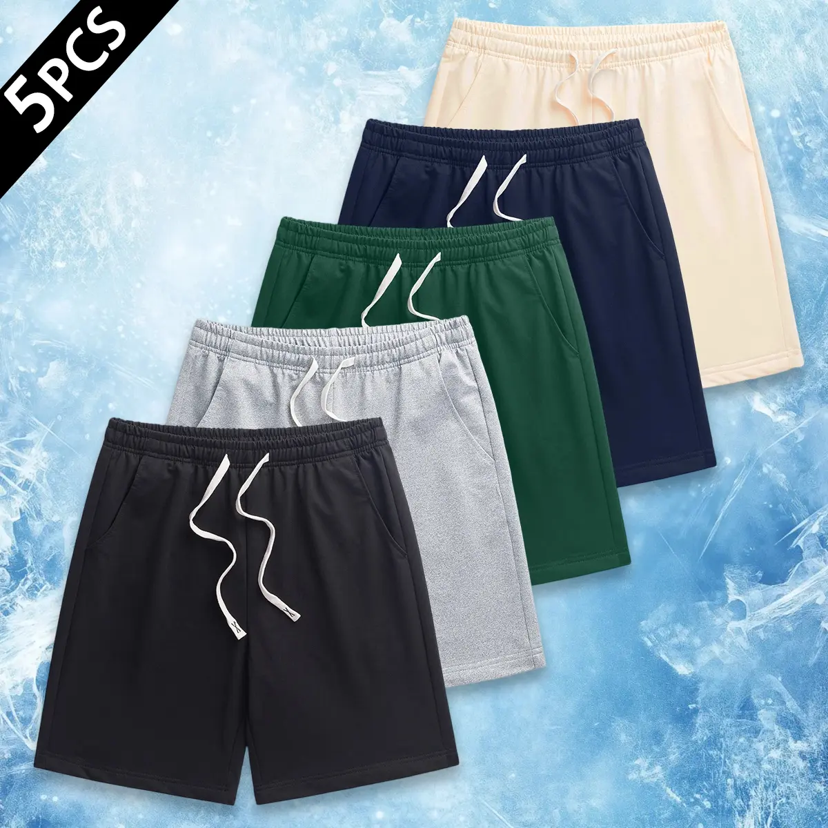 Men's 5-Piece Casual Loungewear Multipack - Lightweight, Monochromatic, Classic, Elastic, Adjustable Drawstring Waist Elastane Shorts for Home, Workout, Monochromatic Men's Shorts, Adjustable Men's Shorts