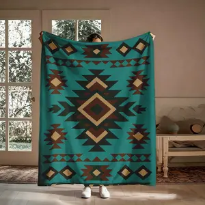 Turquoise Navajo Flannel Blanket, Tribal Diamond Geometric Southwest Pattern Soft Warm Throw, Cozy Nap Blanket for Sofa Couch Bed Camping, Rustic Western Gift for Her Him, Birthday Christmas Holiday Gift