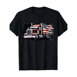 Cotton Short Sleeve  T-Shirt Men's American Flag Semi Truck Graphic T-Shirt - Black, Casual & Sporty Designer Print, Breathable All-Season Wear, Machine Washable