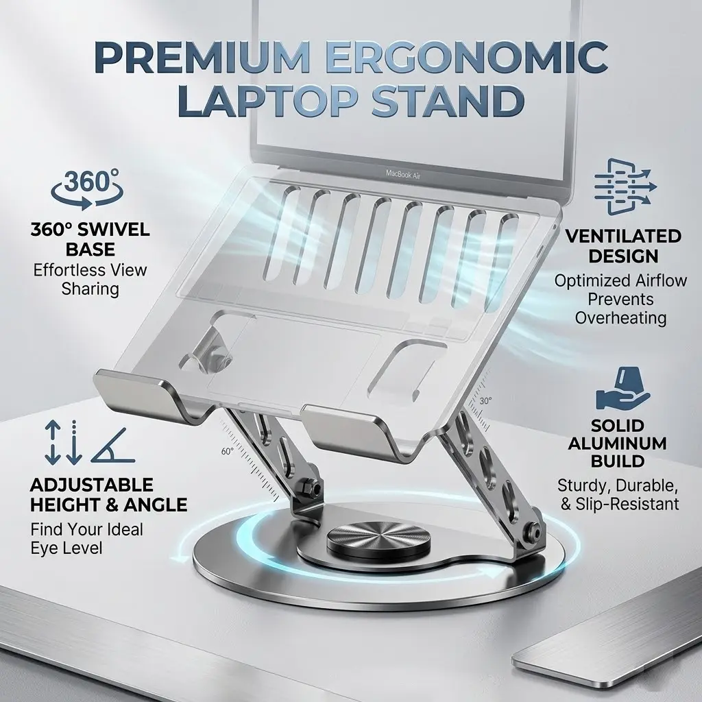 Tablet Stand Holder for Desk with 360° Rotating Base, Dual Rod Adjustable & Foldable Aluminum Stand for Home Office Compatible with 11’’-16’’ Tablets