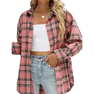 [Plaid Flannel Shirt] Long Sleeve Plaid Shirt - Women's Casual Button-Up, Machine Washable Perfect for Fall Fabric Polyester Top Womenswear