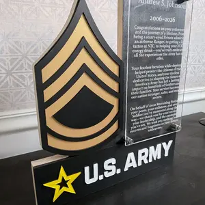 Personalized Self Standing Army Plaque Decor Gift with Customizable Rank Emblem and Text Area