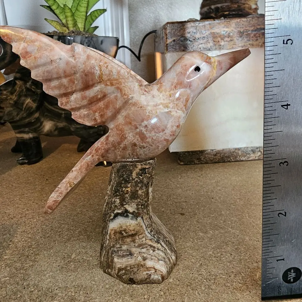 Artistic Marble Hummingbird Figurine - Small Stone Ornament, Decorative Home/Office Decor Piece with Rustic Base