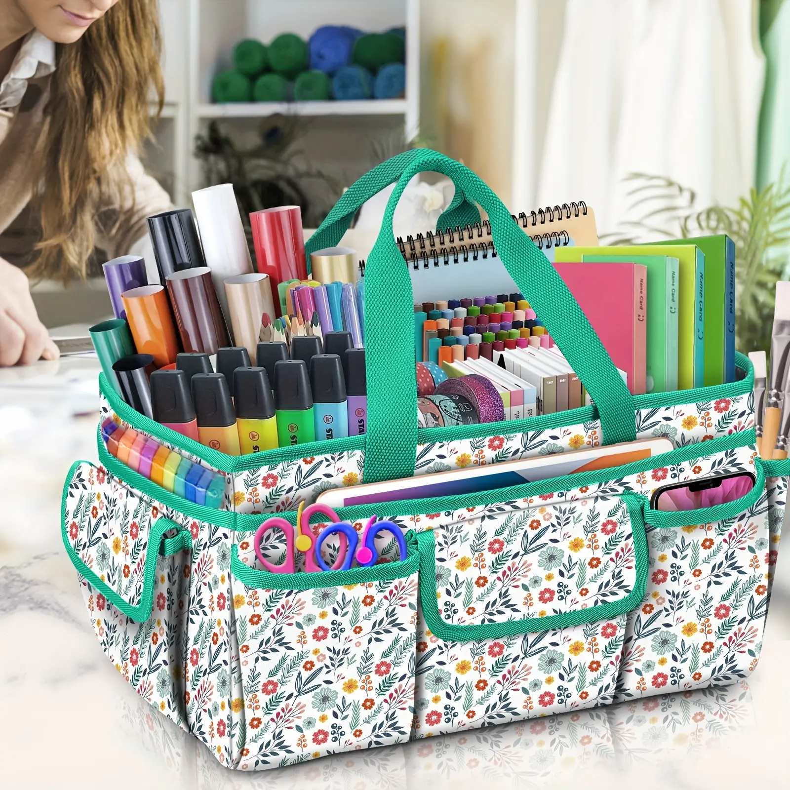 1pc Large Floral Craft Storage Tote Bag with Multiple Pockets - Portable Organizer for Sewing, Art Supplies, Scrapbooking - Durable Polyester, Handle Included (Bag Only), Sewing Storage
