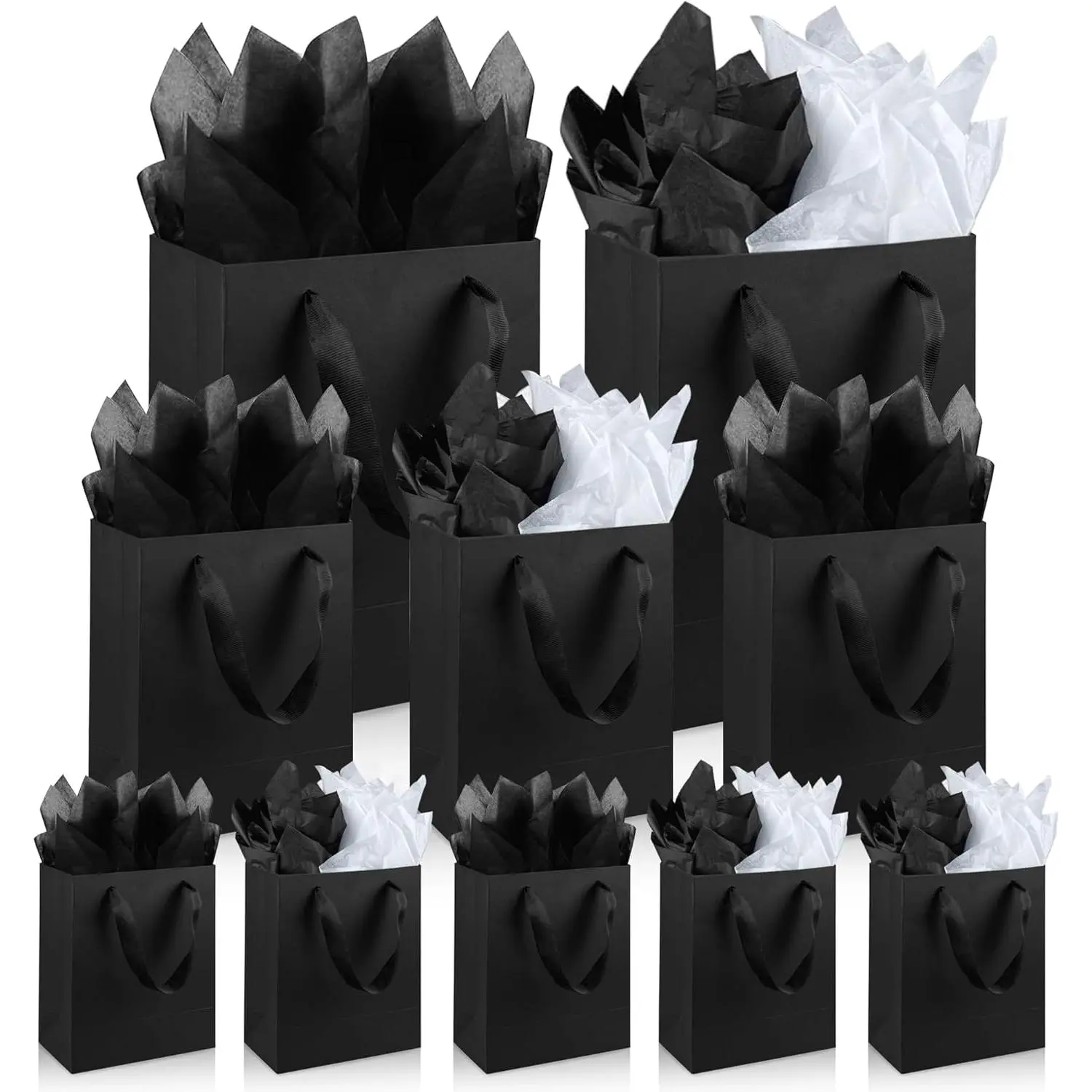 Assorted Sizes Black  Bags with Ribbon Handles  Paper Shopping Bags with Tissue Paper for Party Business Wedding Birthday Graduation Fathers Day (Black 6, 9 , 12.6 Inches, 6 Inches, 9 Inches, 12.6 Inches)