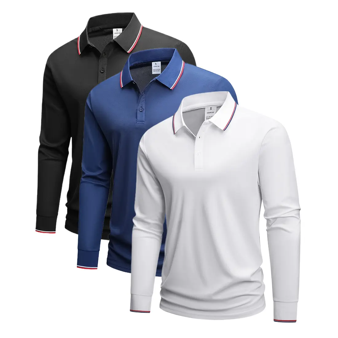 3-Pack men's long-sleeved polo shirts, suitable for fall/spring leisure and business leisure occasions, light and comfortable, ideal for daily travel and golf.
