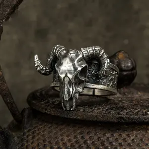 Vintage Black Goat Open Ring Men Dark Demon Satanic Niche Exaggerated Personality Finger Ring