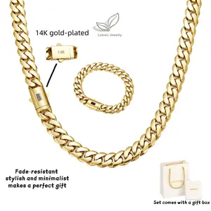 14K Real Gold-Plated Miami Cuban Link Necklaces & Bracelets Waterproof and Fade-Resistant Hip-Hop Jewelry Set with Abrasion-Resistant Stainless Steel Chain Width: 6/8/10/12/14 mm Includes Gift Box Perfect for Men & Women