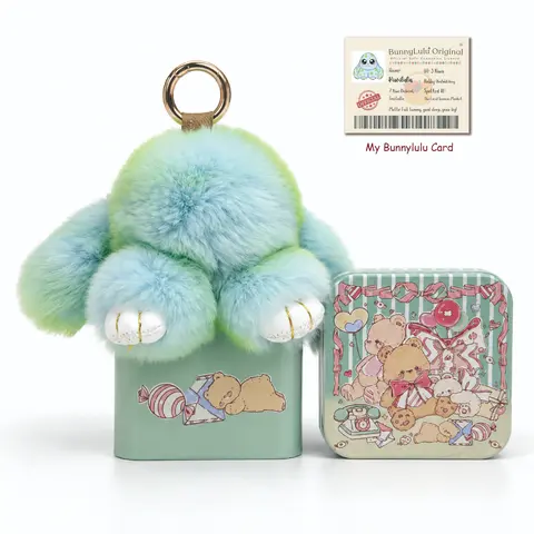 【BunnyLulu】Fluffy Bunny PomPom Soft Doll Keychain Charm (11x13.5cm) in Collectible Tin - Keychain Accessories, Bag Charms, Cute Animal-Themed Fashion Accent for Mini Purses, Gift for Sister on Christmas