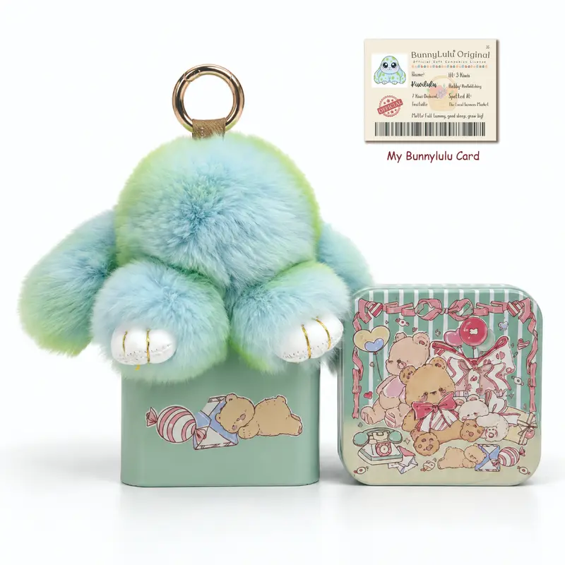 【BunnyLulu】Fluffy Bunny PomPom Soft Doll Keychain Charm (11x13.5cm) in Collectible Tin - Keychain Accessories, Bag Charms, Cute Animal-Themed Fashion Accent for Mini Purses, Gift for Sister on Christmas