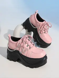 Cyberpunk Leather Shoes for Women, Dark Gothic Chunky Sole, Tallies Height Increase, Unique Big Head Design, Trendy Casual Shoes, Closed, Rubber, Footwear