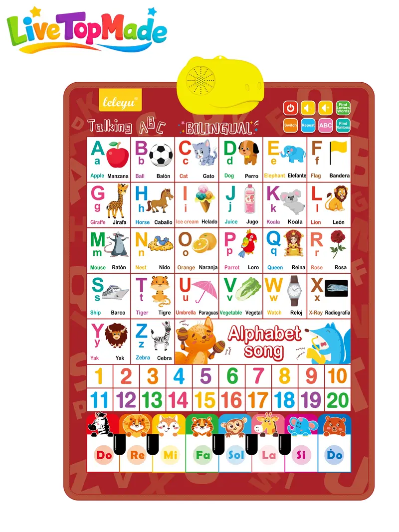 Interactive Bilingual Learning Poster for Toddlers 1–6 | English/Spanish Talking Wall Chart | ABCs Numbers Animals | Songs + Piano，Valentine Gifts for Kids