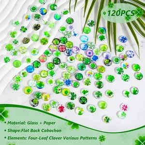 Pack of 120 Four-Leaf Clover Flatback Glass Cabochons,12 mm Clover Lucky Charm Glass Stones,Small Lucky Charms for DIY Crafts,Earrings,Pendants,Home Decoration