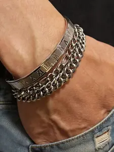 3-piece cool and trendy silver titanium steel Cuban chain bracelet set, hip-hop men's singing and daily wear style accessories