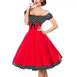 Elegant Vintage 50s 60s Hepburn Dress Women Retro Rockabilly Polka Dot Dress Black Red Off Shoulder Sleeveless Dress Female(Sheet)