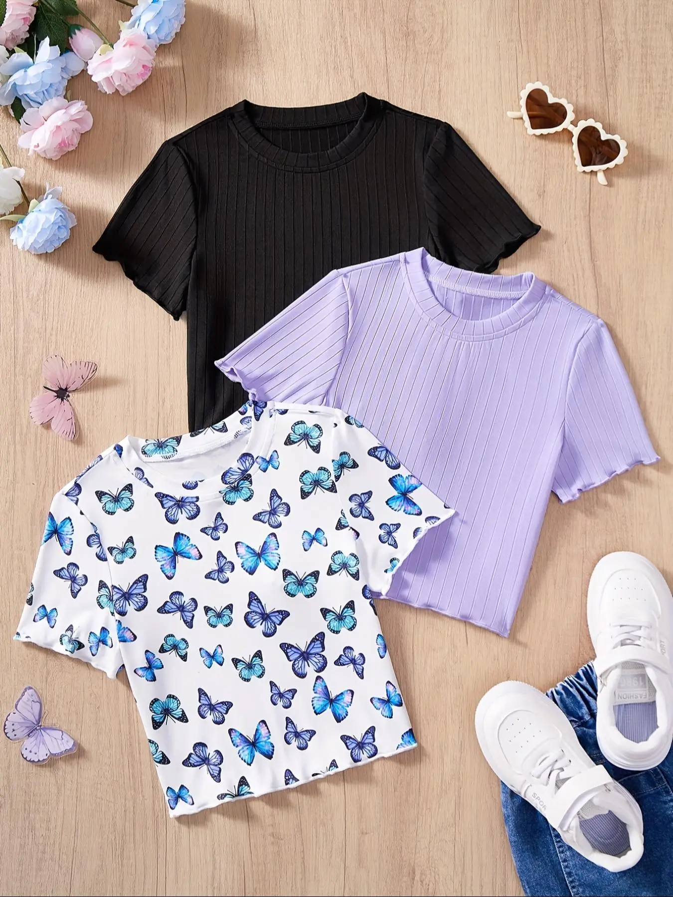Girl's Solid/ Butterfly Print Tee, Casual Fashion Short Sleeve T-shirt for Daiy Outdoor Wear, Girls Clothing for Summer