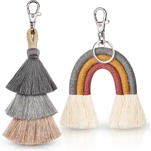 BY-KC43 SP 2 Pieces Boho Rainbow Keychains Pom Pom Tassel Macrame Keychains for Women