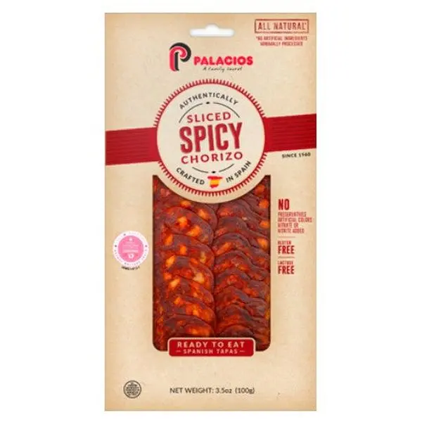 Palacios Authentic Spanish Sliced Hot Chorizo - Hot Spicy Flavor, 3.5 oz, Pantry Packaged Food Ideal for Tapas, Eating Solo with Crusty Bread
