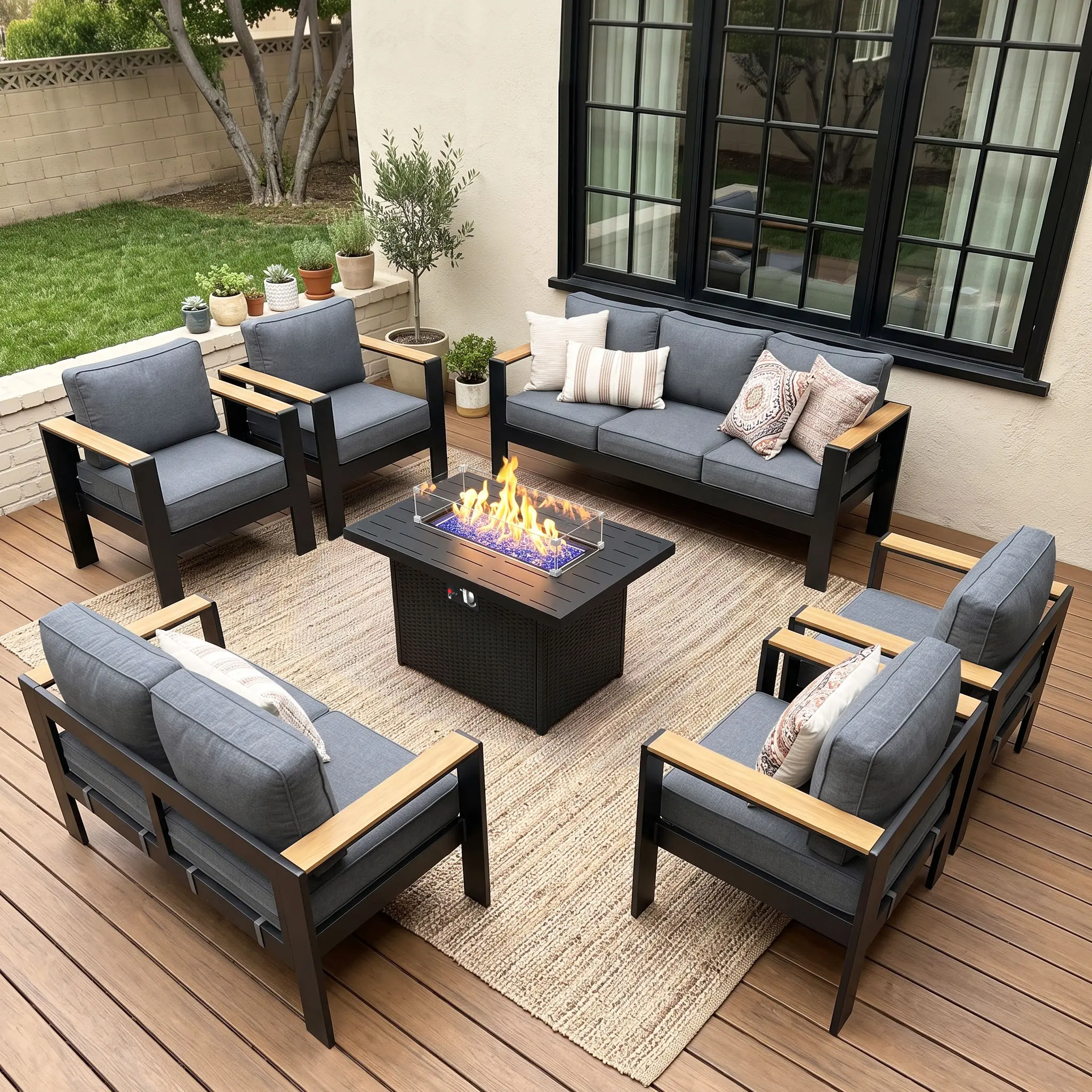 LayinSun Sturdy Aluminum Outdoor Patio Furniture Set with Fire Pit Table, Patio Sectional Deep Seating Conversation Set, Wood Grain Finish, Intimate Armrest Design, Upgraded Washable Thick Cushions (3/4/5 Packages Shipping), Patio Sectional Set, Washable