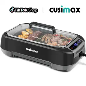 CUSIMAX 1500W Smokeless Indoor Electric Grill - Compact Korean BBQ with LED Display, Tempered Glass Lid, Non-Stick Removable Cooking Grill Plate, Turbo Smoke Extractor (Black New Model, Summer Vibes)
