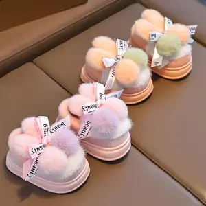 Children's Autumn Winter New Baby Cotton Slippers Cute Rabbit Cartoon Boys and Girls Indoor Warm Fleece Home Toddler Non-Slip Soft Sole Closed-Toe Cotton Shoes