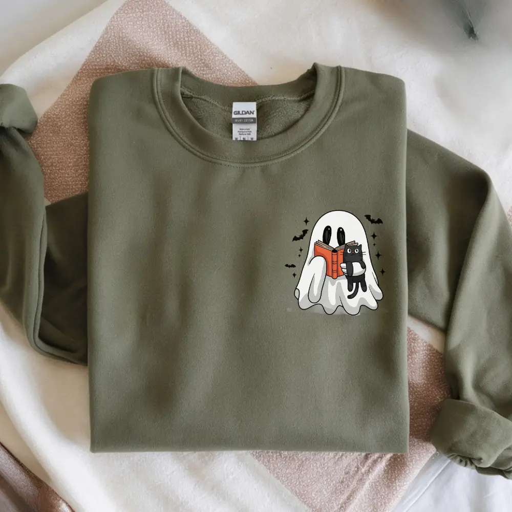 All I need is my kitty and book, Halloween Shirt, Spooky Pullover, Ghostly Sweater, Haunted Apparel