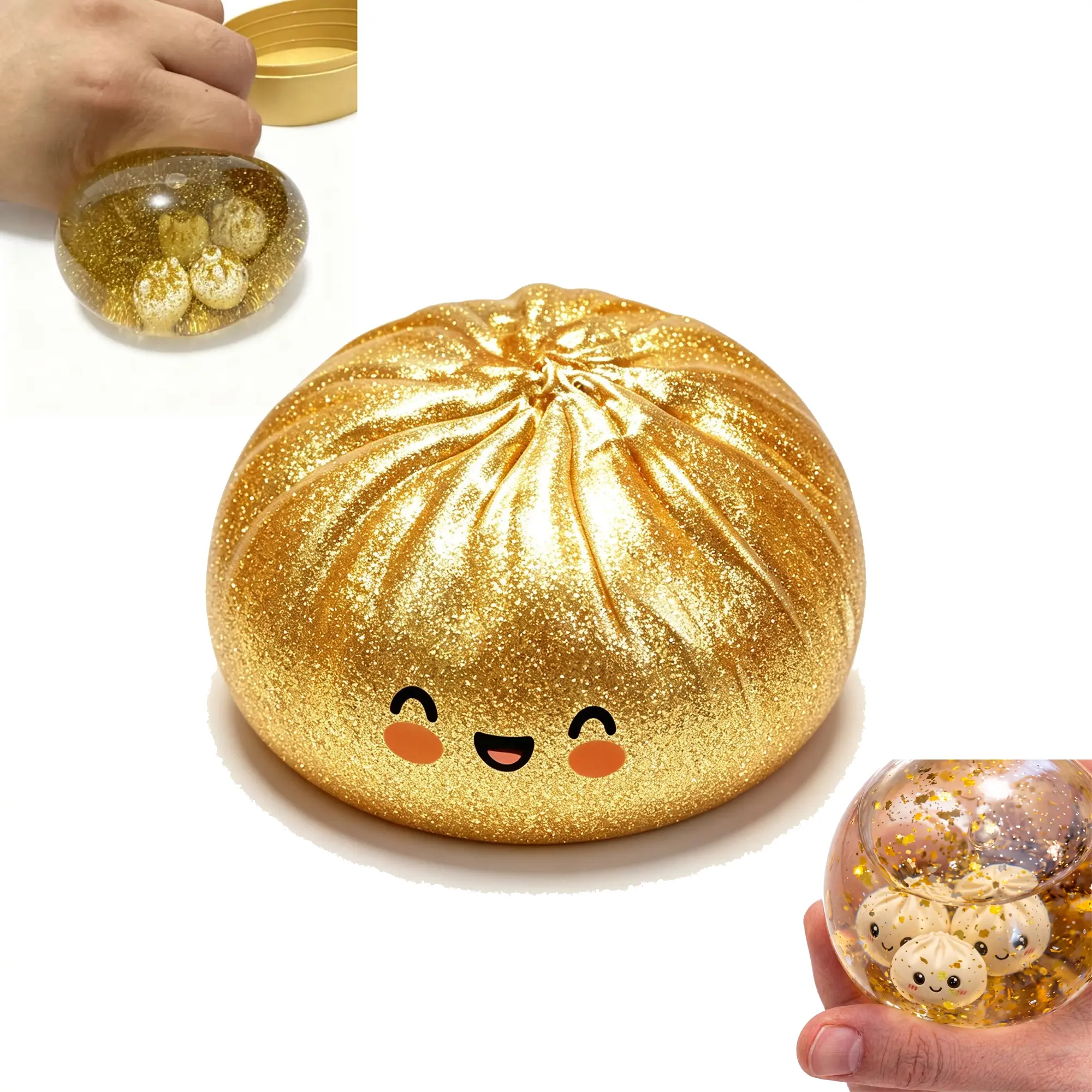 Gold Glitter Dumplings Squishy Toy Set, Kawaii Gold Bun Fidget Toy with 3 Mini Bun Accessories, Soft Slow Rising Sensory Squeeze Toy, Cute Stress Relief Desk Toy for Kids 3+, Teens & Adults, Party Favor Gift