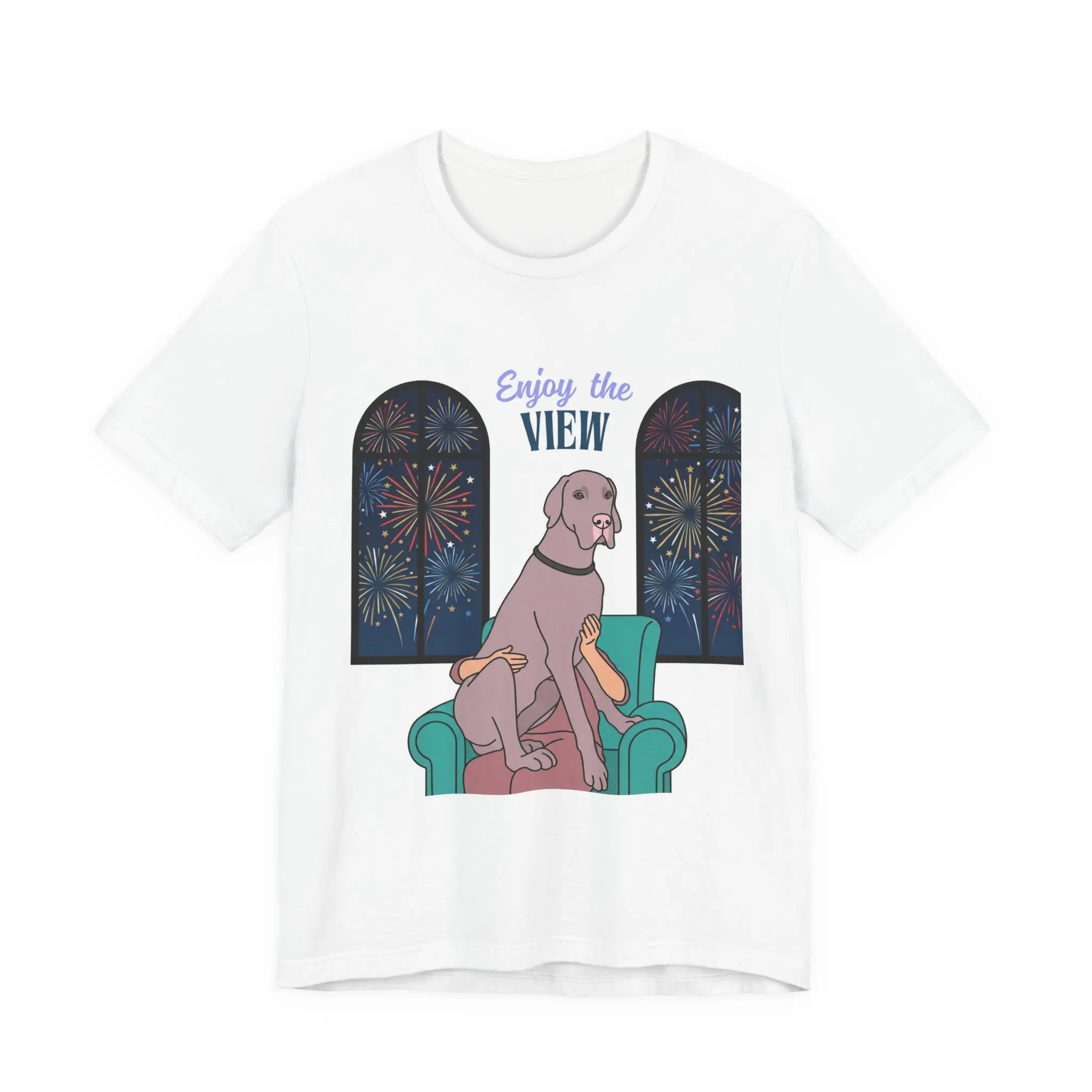 Lilac Great Dane Enjoy the View T-Shirt — Dog Watching Fireworks Graphic Tee
