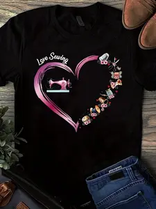 Retro Sewing Machine And Love Heart Print T-Shirt - Pure Short-Sleeved Shirt for Men And Women Suitable for Sewing Class Casual Wear Machine Washable Special for Quilting Activities 7.76 oz