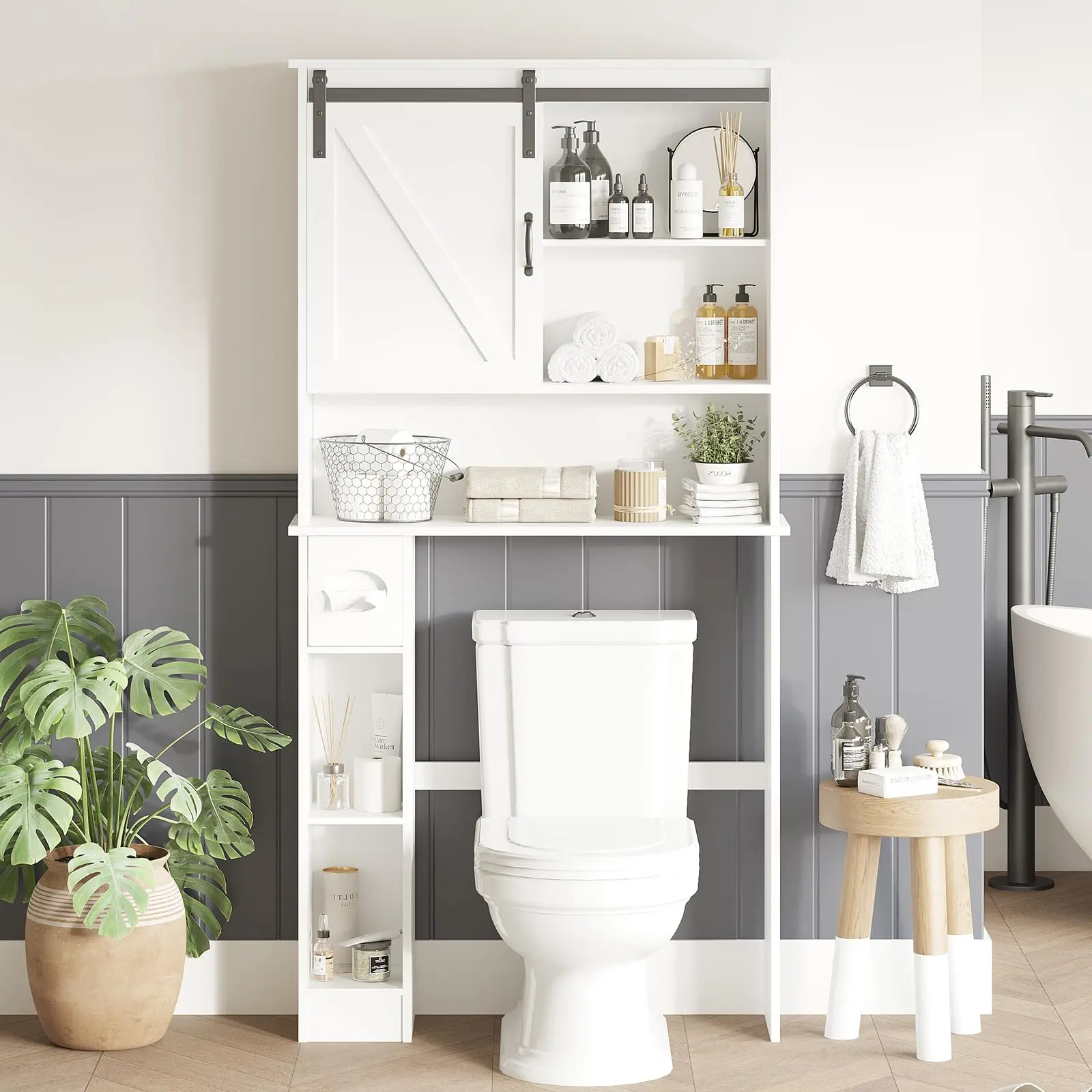 Garvee Storage Closet Over the Toilet with Barn Sliding Door, Toilet Organizer with Toilet Paper Holder, Toilet Organizer with Adjustable Shelf for Bathroom, Laundry