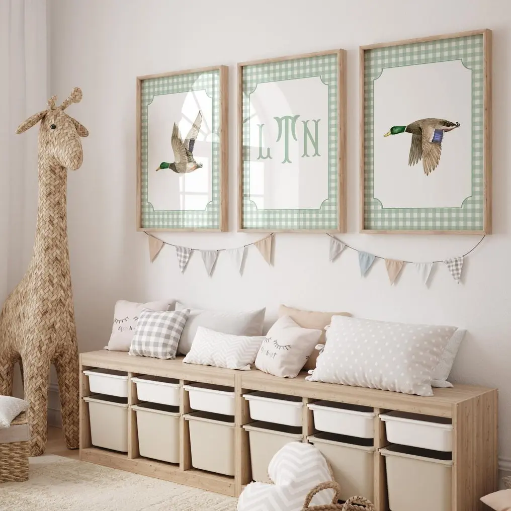 Mallard Duck Wall Art, Wall Prints For Boys Room, Duck Nursery Decor, Baby Boy Nursery Prints, Duck Hunting Nursery Decor Poster Retro Border Frames Gift Ornaments