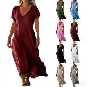 2026 Women’s Cotton Linen V-Neck Dress – Loose Fit Casual Summer Midi Dress, Breathable Lightweight Vacation Sundress