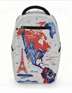 Stylish Grey Water-Resistant Backpack with "One Nation One World" & Statue of Liberty Global Map Print, Perfect for Commuters & Travel.
